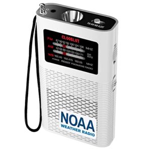 pocket weather radio noaa am fm band portable transistor small radio battery operated by 1500mah with long antenna emergency alert and flashlight best reception best sound quality (white)