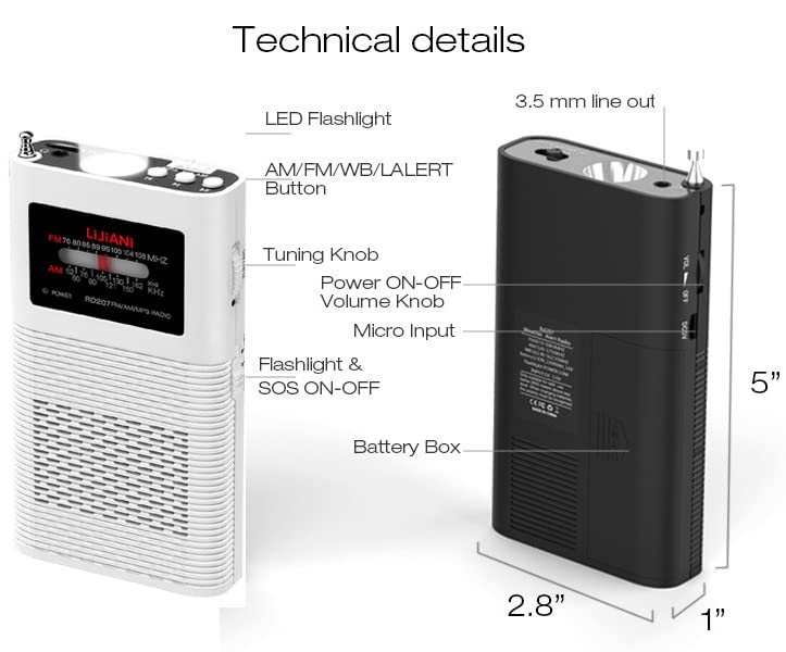 Pocket Weather Radio NOAA AM FM Band Portable Transistor Small Radio Battery Operated by 1500MAH with Long Antenna Emergency Alert and Flashlight Best Reception Best Sound Quality (White)