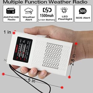 Pocket Weather Radio NOAA AM FM Band Portable Transistor Small Radio Battery Operated by 1500MAH with Long Antenna Emergency Alert and Flashlight Best Reception Best Sound Quality (White)