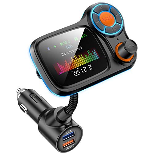 TSNAM Wireless Car Bluetooth Adapter,Radio FM Transmitters HandsFree Call Receiver and MP3 Music/APP Audio Play,QC3.0 and Smart 2.4A Dual USB Charger,1.8" Color Display,Aux Port,TF Card