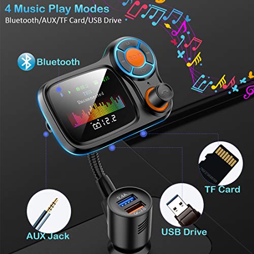 TSNAM Wireless Car Bluetooth Adapter,Radio FM Transmitters HandsFree Call Receiver and MP3 Music/APP Audio Play,QC3.0 and Smart 2.4A Dual USB Charger,1.8" Color Display,Aux Port,TF Card