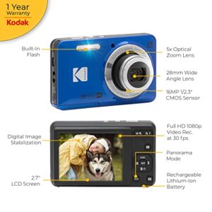 Kodak PIXPRO FZ55 Digital Camera (Blue) + 32GB Memory Card + Point and Shoot Camera Case + Extendable Monopod + Lens Cleaning Pen + LCD Screen Protectors + Table Top Tripod – Ultimate Bundle