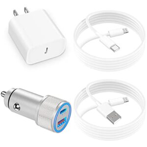 braveridge iphone fast car charger, [apple mfi certified] 48w dual usb-c pd/qc 3.0 power car charger with 2 pack lightning cord + 20w iphone charger quick charging for iphone 14/13/12/11/xs/xr/se/ipad