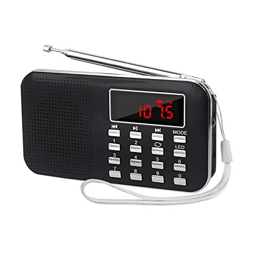 LEFON Mini Digital AM FM Radio Media Speaker MP3 Music Player Support TF Card/USB Disk with LED Screen Display and Emergency Flashlight Function (Black-Upgraded Version)