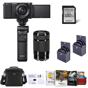 sony zv-e10 mirrorless camera with 16-50mm lens & e 55-210mm f/4.5-6.3 oss e-mount lens, black bundle with vlogger kit, mac photo editing, bag, screen protector, 2x filter kit