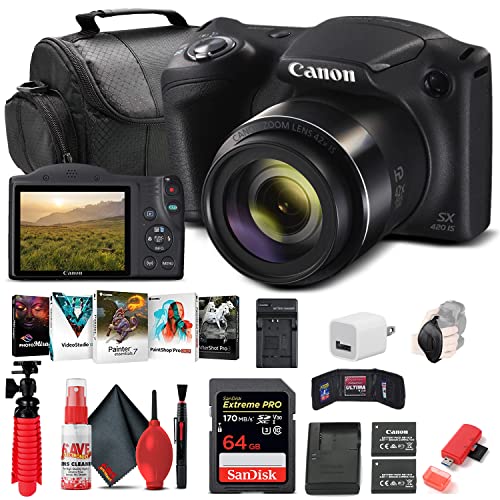 Canon PowerShot SX420 is Digital Camera (Black) (1068C001) + 64GB Memory Card + NB11L Battery + Corel Photo Software + Charger + Card Reader + Soft Bag + Flex Tripod + Hand Strap + More (Renewed)