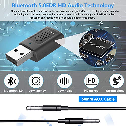 Bluetooth Receiver Transmitter, KINDRM 4in1 Mini USB Bluetooth 5.0 Audio Transmitter & Wireless Bluetooth 3.5mm Aux Adapter Receiver for Car/Home Stereo Headphones Speakers TV PC Projector CD (Black)