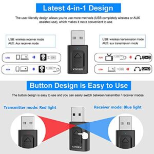 Bluetooth Receiver Transmitter, KINDRM 4in1 Mini USB Bluetooth 5.0 Audio Transmitter & Wireless Bluetooth 3.5mm Aux Adapter Receiver for Car/Home Stereo Headphones Speakers TV PC Projector CD (Black)