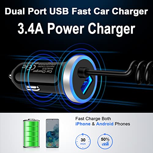 Fast Car Charger Type C Car Plug Android Phone USB C Car Charger Cigarette Lighter Adapter Fast Charging C Coiled Cable for Samsung Galaxy A13 5G/S22 Ultra/S21/S20/S10/A03s/A11/A12/A21/A32/A51/A52/A53