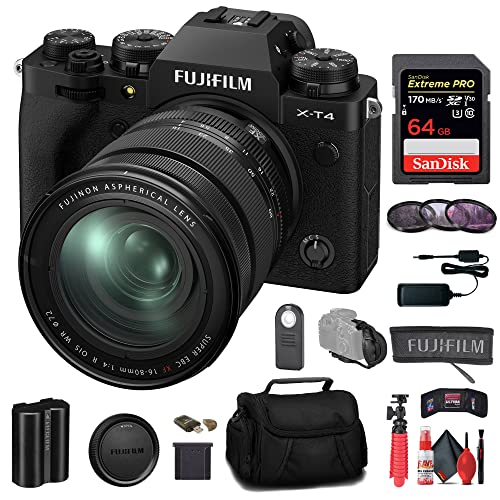 Fujifilm XT-4 Camera with XF 16-80mm Lens -(Black) + 64GB Extreme Pro Memory Card + Camera Bag + 3-Piece Filter Kit + Tripod + Remote Shutter + Hand Strap + Memory Card Wallet & Reader + Cleaning Kit