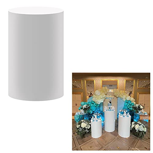 HUAYI White Pedestal Cover for Birthday Babyshower Party Prop Wedding Bridal Shower Graduation Cylinder Cover Communion Baptism Photography Decoration Elastic Fabric Circle Plinth Cover Dia40 H90