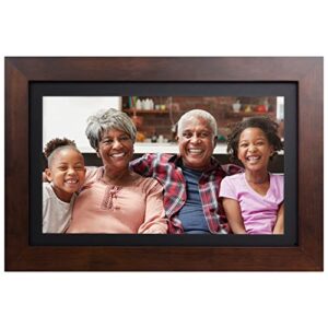 brookstone photoshare 14” smart digital picture frame, send pics from phone to frames, wifi, 8 gb, holds 5,000+ pics, hd touchscreen, premium espresso wood, easy 1-min setup