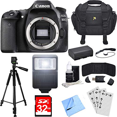 Canon 1263C004 EOS 80D 24.2 MP CMOS Digital SLR Camera Body Bundle with 32GB Memory Card, Camera Bag, Battery, Flash and 60 Inch Tripod