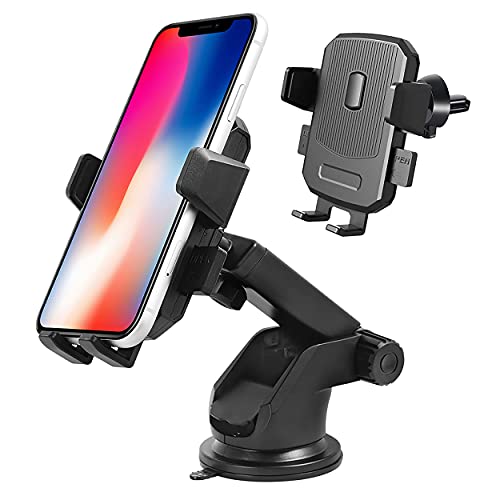 SALEX Universal Windshield Phone Mount. Telescopic Suction Cup Cell Phone Mount for Car Dashboard, Air Vent, Desk. Black Rotating Smartphone Bracket. Adjustable Car Cradle for Mobile Phone & GPS.