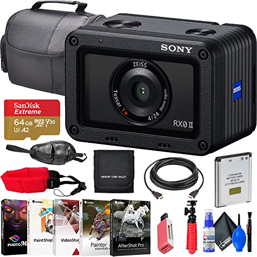 Sony RX0 Ultra-Compact Waterproof/Shockproof Camera (DSC-RX0) + 64GB Memory Card + ENEL19 Battery + Case + Card Reader + Corel Photo Software + Flex Tripod + Hand Strap + Memory Wallet + More