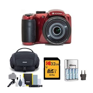 kodak pixpro az255 astro zoom 16mp digital camera (red) bundle with rapid aa/aaa battery charger with 4 aa 2700 mah rechargeable batteries, 32gb uhs-i sdxc memory card, and camera bag (4 items)