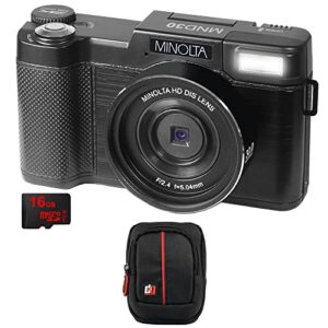 minolta mnd30-bk 30mp 2.7k ultra hd 4x zoom digital camera (black) bundle with deco photo point and shoot field bag camera case (black/red)
