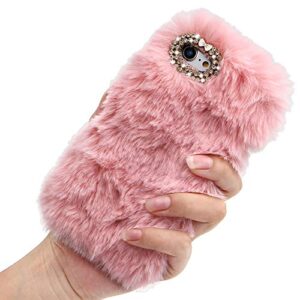 fluffy rabbit fur case for ipod touch 7 / ipod touch 6 / ipod touch 5, girlyard cute bling diamond rhinestone handmade furry warm faux bunny hair soft plush shockproof cover for women girls – pink