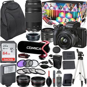 camera bundle for canon eos m50 mark ii mirrorless camera black with ef-m 15-45mm f/3.5-6.3 is stm + ef 75-300mm f/4-5.6 iii + video kit accessories (64gb, microphone, flash, and more)