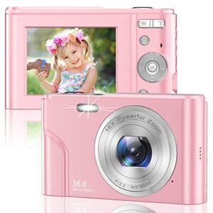 digital camera for kids girls and boys – 1080p fhd digital camera 36mp lcd screen rechargeable students compact camera kid camera with 16x digital zoom vlogging camera for teens, kids (pink)