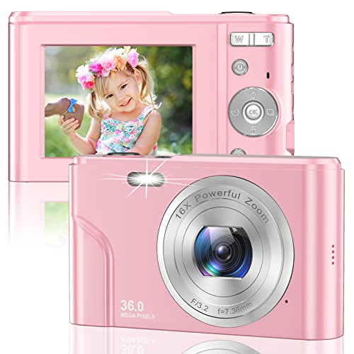 Digital Camera for Kids Girls and Boys - 1080P FHD Digital Camera 36MP LCD Screen Rechargeable Students Compact Camera Kid Camera with 16X Digital Zoom Vlogging Camera for Teens, Kids (Pink)