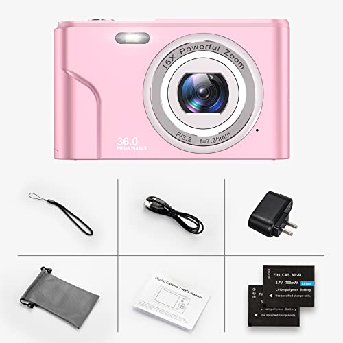 Digital Camera for Kids Girls and Boys - 1080P FHD Digital Camera 36MP LCD Screen Rechargeable Students Compact Camera Kid Camera with 16X Digital Zoom Vlogging Camera for Teens, Kids (Pink)