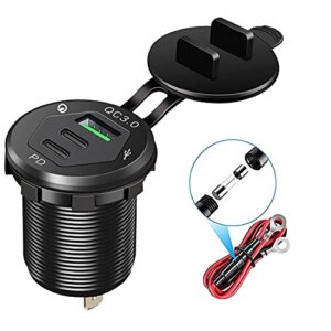 usb c car charger socket, 12v usb outlet with 18w dual pd ports & 18w qc 3.0 quick charge fast usb type c car adapter for car, boat, marine and more