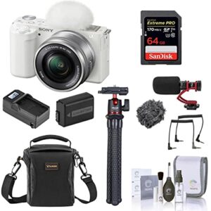 sony zv-e10 mirrorless camera with 16-50mm lens, white bundle with 64gb sd card, shoulder bag, on-camera microphone, mini tripod, extra battery, charger, 40.5mm filter kit, cleaning kit