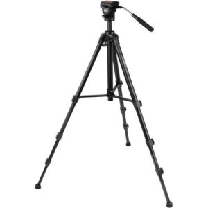 magnus vt-350, aluminum video tripod system with fluid head, extends to 82”, max load 15 lb mid-level spreader, spiked feet with rubber covers. plus quick release plate, carry case with shoulder strap