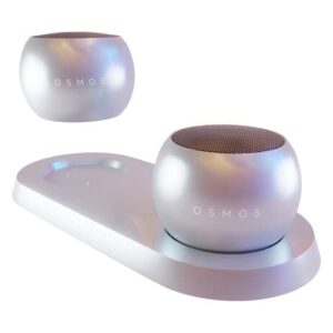 osmos mini bluetooth speaker set-metal, portable, wireless, powerful usb stereo speakers + charging dock for home + outdoor-sports use-for smartphone, tv, laptop, mac, pc, android, iphone (silver)