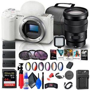 sony zv-e10 mirrorless camera (body only, white) (ilczv-e10/w) + sony 18-105mm lens + 64gb card + color filter kit + filter kit + corel photo software + bag + 2 x npf-w50 battery + more (renewed)
