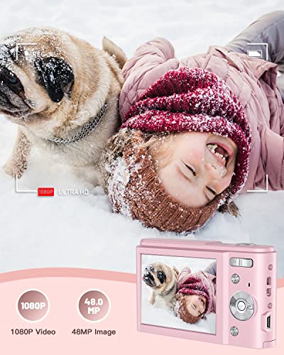 Digital Camera, Zostuic 48MP Autofocus Kids Camera with 32GB Card 1080P Video Camera with 16X Zoom, Compact Portable Small Cameras Christmas Birthday Gift for Children Kid Teen Student Girl Boy(Pink)