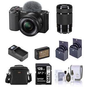 sony zv-e10 mirrorless camera with 16-50mm & 55-210mm f/4.5-6.3 oss e-mount lens, black bundle with 128gb sd memory card, bag, battery, charger and accessories kit