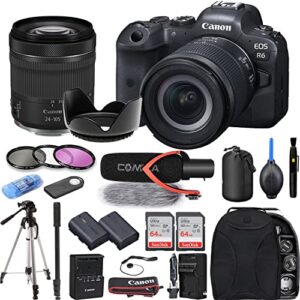 camera bundle for canon eos r6 mirrorless camera with rf 24-105mm f/4-7.1 is stm lens, extra battery, pro microphone + accessories kit (renewed)