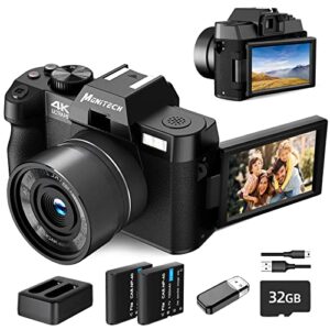 monitech digital camera for photography and video, 4k 48mp vlogging camera for youtube with 180° flip screen,16x digital zoom,32gb tf card, 2 batteries