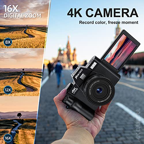 Monitech Digital Camera for Photography and Video, 4K 48MP Vlogging Camera for YouTube with 180° Flip Screen,16X Digital Zoom,32GB TF Card, 2 Batteries