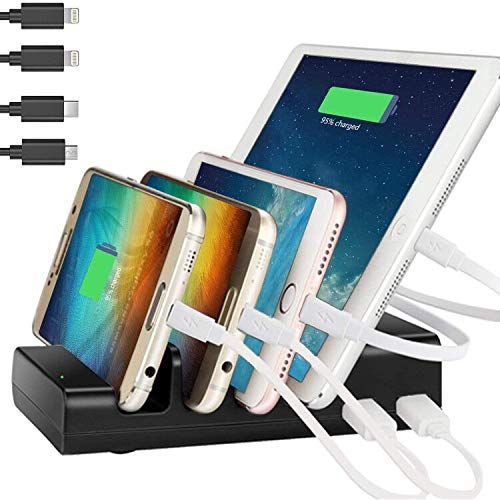 Charging Station,Thopeb 4 Port USB Charging Station Included 4 Short Mixed Cables - Compatible Ipad,iPhone,Samsung,Smartphone - Desktop Cell Phone Charge Stand & Multiple USB Charger Docking Organizer