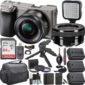 camera bundle for sony a6000 mirrorless camera grey with e pz 16-50mm f/3.5-5.6 oss lens and accessories package (64gb, led light, and more)