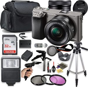 sony a6000 mirrorless camera (graphite) with 16-50mm oss lens + deluxe bundle including sandisk 32gb card, case, flash, grip tripod, 50″ tripod, and more