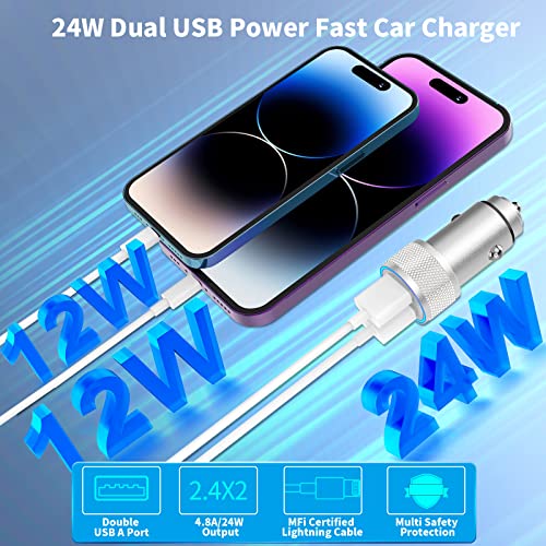 [Apple MFi Certified] iPhone Fast Car Charger, KYOHAYA 4.8A Dual USB Power All Metal Rapid Car Charger with 2 Pack Lightning to USB Quick Car Charging Cord for iPhone 14 13 12 11 Pro/XS/XR/SE/X 8/iPad