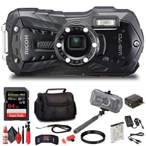 ricoh wg-70 waterproof digital camera (black) + 64gb extreme pro sd card + small case + selfie stick + memory card wallet + sd card reader + 6ave cleaning kit