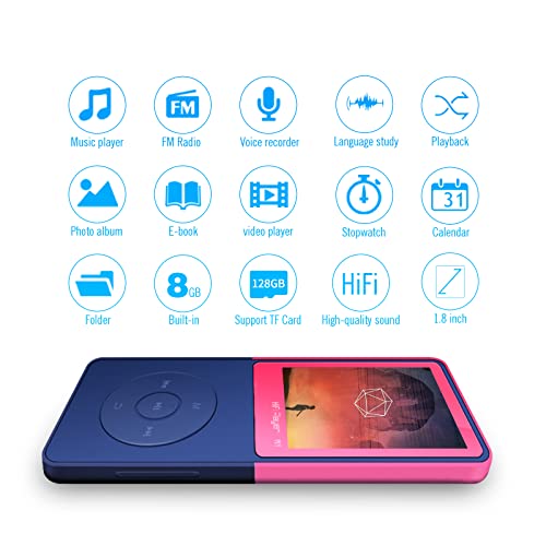 MP3 Player,MP4 Player with Bluetooth,Voice Recorder,16GB Save 3800 Songs 1.8" Screen HiFi Lossless Sound 30+ Hours Long time Play Support up to 128GB Red