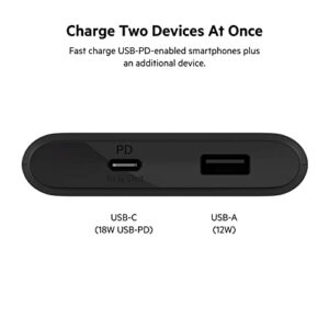 Belkin USB-C Power Bank 10K - Fast Charging Portable Battery Pack w/ USB-C + USB Ports - Compatible w/ iPhone 14, 14 Plus, 14 Pro, 14 Pro Max, 13, 13 Mini, Galaxy S22, Ultra, Plus and More - Black