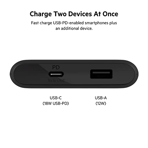 Belkin USB-C Power Bank 10K - Fast Charging Portable Battery Pack w/ USB-C + USB Ports - Compatible w/ iPhone 14, 14 Plus, 14 Pro, 14 Pro Max, 13, 13 Mini, Galaxy S22, Ultra, Plus and More - Black