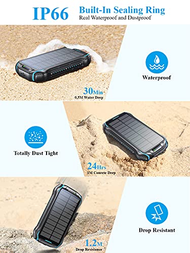 aonidi Solar Power Bank, Portable Charger 26800mAh with 5V 3.1A Output 2 Inputs, Outdoor Battery Pack with Flashlight IP66 Waterproof Battery Bank for iPhone Android Cell Phones