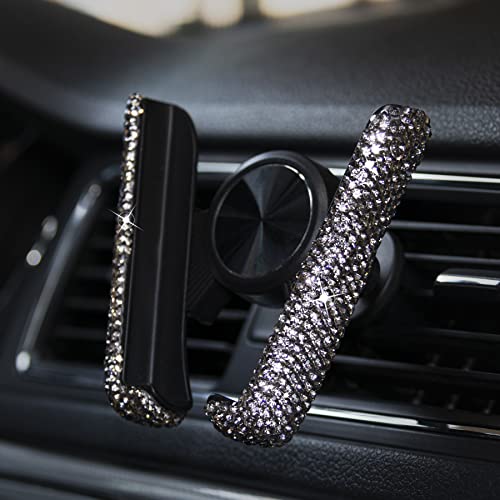 Amiss Bling Cell Phone Holder, Universal 360°Adjustable Car Phone Mount with One More Air Vent Base, Crystal Car Interior Decoration, for Dashboard and Air Vent - Grey