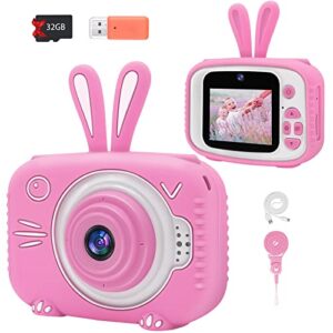yue3000 upgrade kids camera, front and rear camera digital cameras, 2.0 -inch screen 32gb sd card-pink