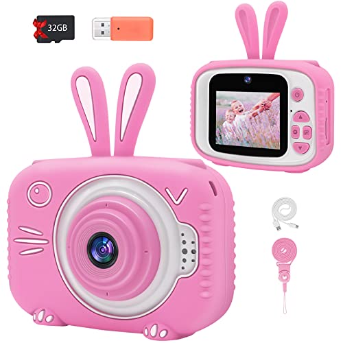 YUE3000 Upgrade Kids Camera, Front and Rear Camera Digital Cameras, 2.0 -inch Screen 32GB SD Card-Pink