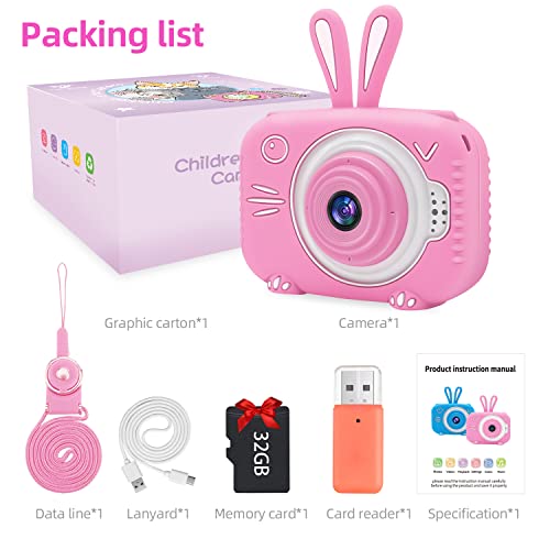 YUE3000 Upgrade Kids Camera, Front and Rear Camera Digital Cameras, 2.0 -inch Screen 32GB SD Card-Pink