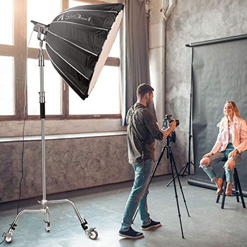 EACHSHOT C Stand Metal with Bag Wheel Max 10.8ft/330cm with 106cm Holding Arm 2 Pieces Grip Head for Godox AD400 Pro AD600 Pro AD600BM Aputure 120D 300D II for Photography Studio Video Monolight